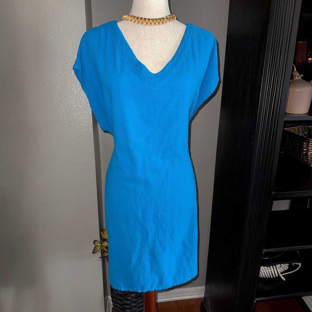 Oh My Gauze! Size 2 L/XL Cotton Dress Sleeveless V Neck Turquoise Lagenlook